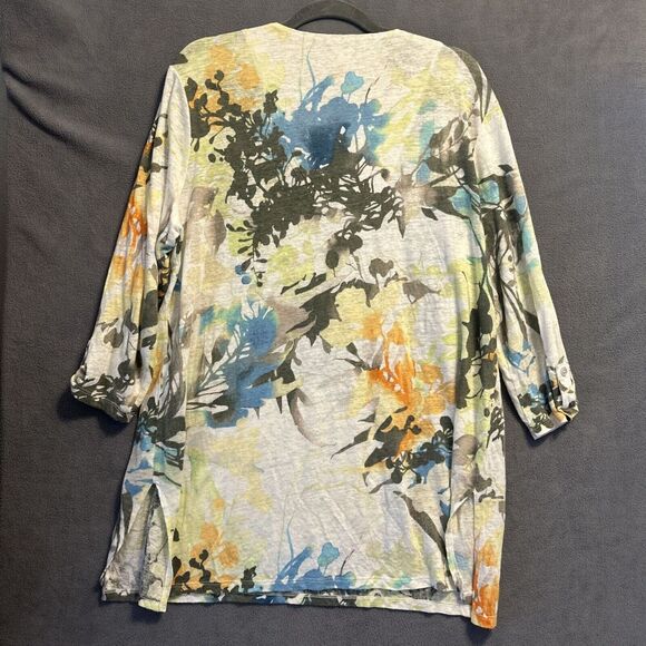 Chico's 100% Linen Floral V-Neck 3/4 Sleeve Shirt Size 3 (XL) Tropical Vacation - Picture 2 of 9